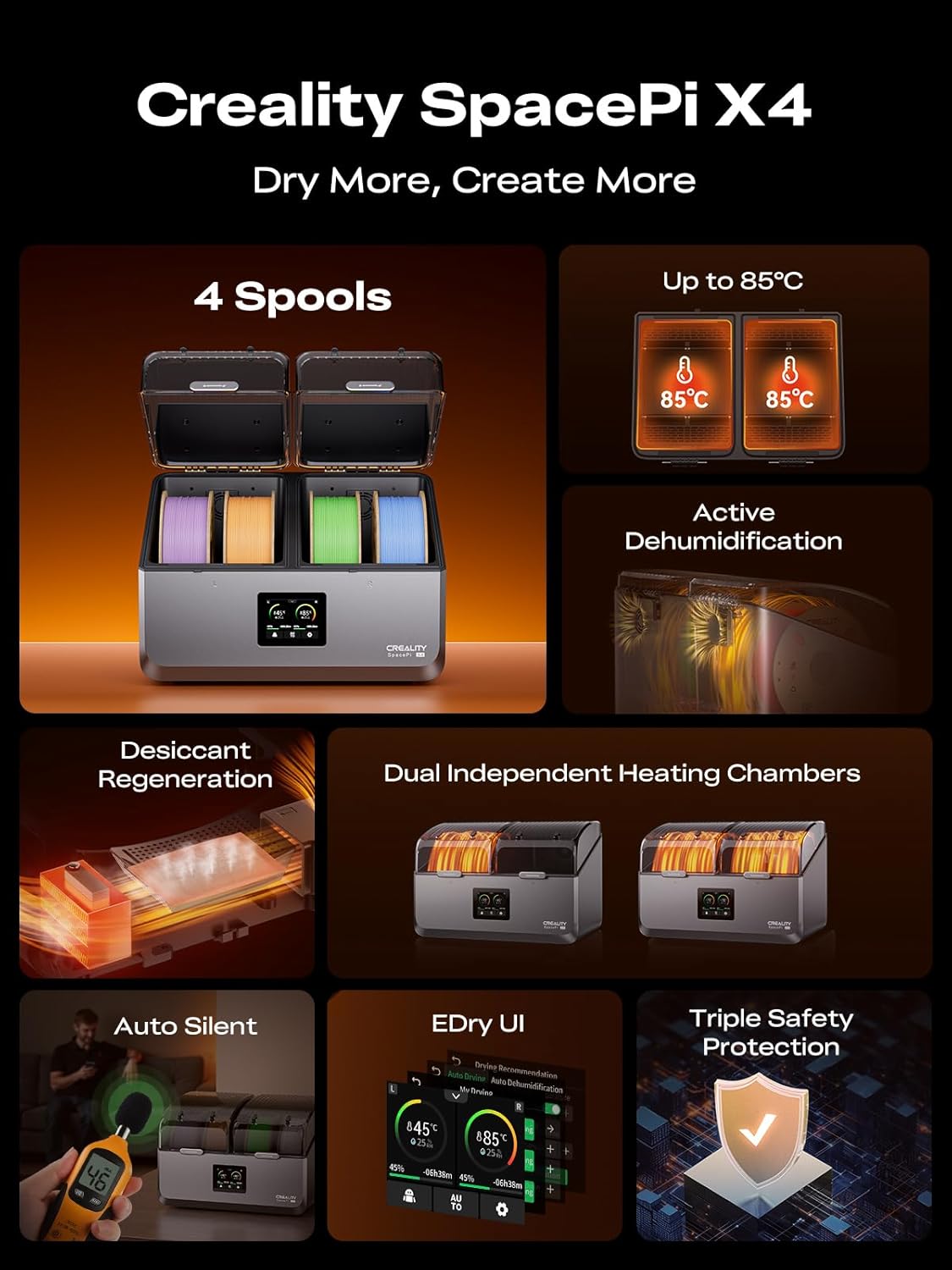 Creality Space Pi X4 Filament Dryer Box, 4-Spools 3D Printer Storage Box, Dual Heating Chambers