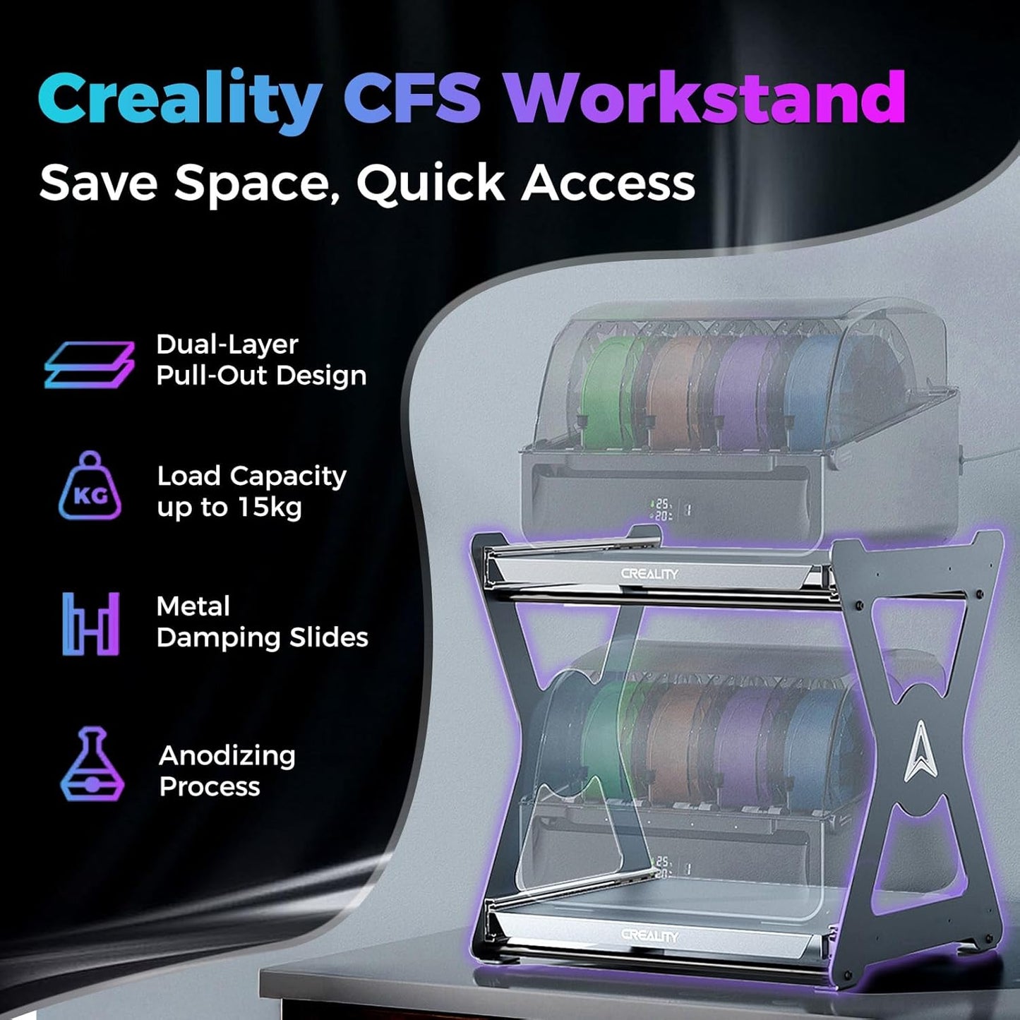 Creality Official CFS Workstand, Space-Saving Dual-Layer Pull-Out Shelves, 15kg Capacity per Layer with Metal Damping Slides, Quick-Accessing Anodizing Process Bracket for Filament Dryer & CFS Storage