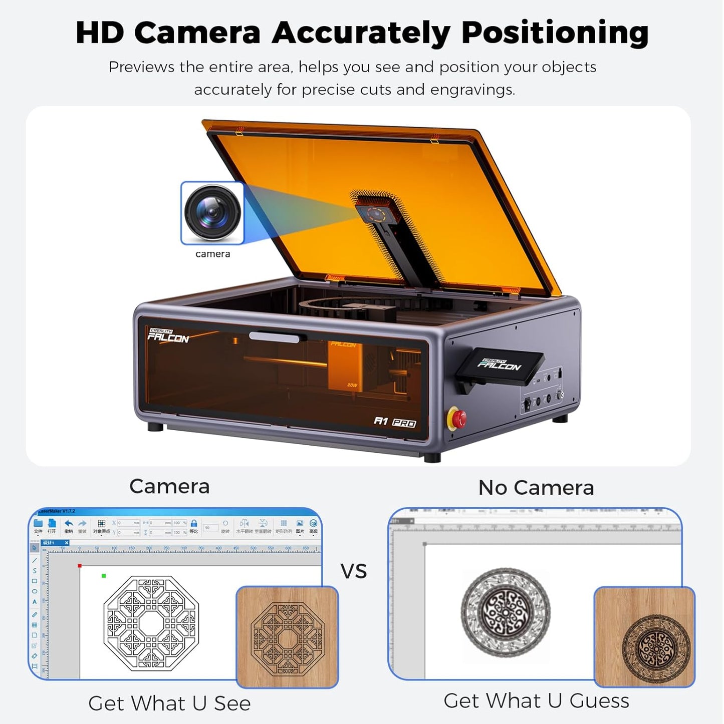 Creality Falcon A1 Pro 20W, Enclosed Engraver with Air Assist, HD Smart Camera for Auto Focus, APP Control, Convenient Touch Screen, Class 1 Safety Engraving Machine for Wood and Metal, Acrylic