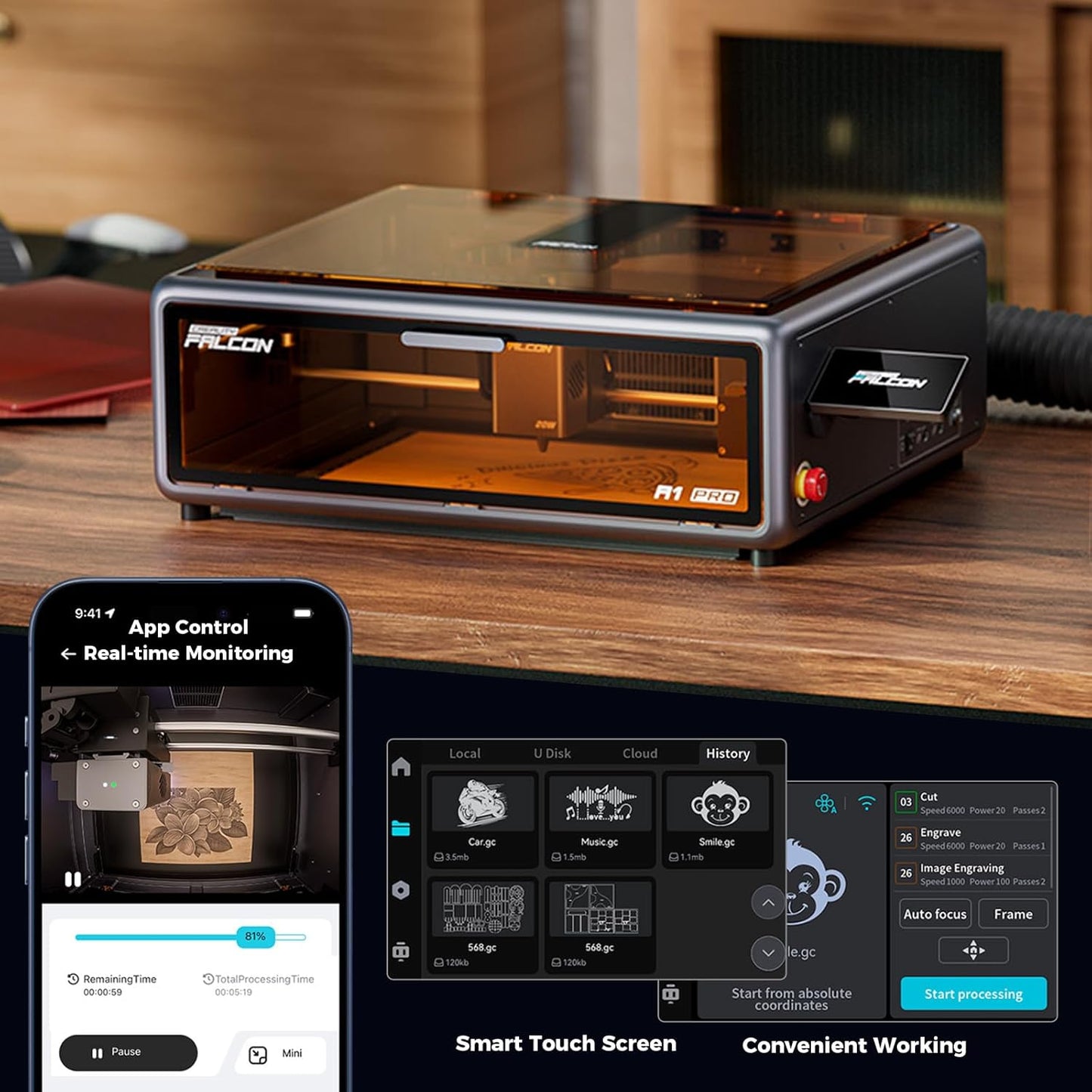 Creality Falcon A1 Pro 20W, Enclosed Engraver with Air Assist, HD Smart Camera for Auto Focus, APP Control, Convenient Touch Screen, Class 1 Safety Engraving Machine for Wood and Metal, Acrylic