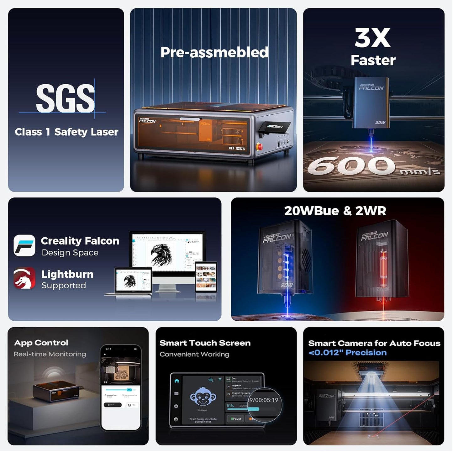 Creality Falcon A1 Pro 20W, Enclosed Engraver with Air Assist, HD Smart Camera for Auto Focus, APP Control, Convenient Touch Screen, Class 1 Safety Engraving Machine for Wood and Metal, Acrylic