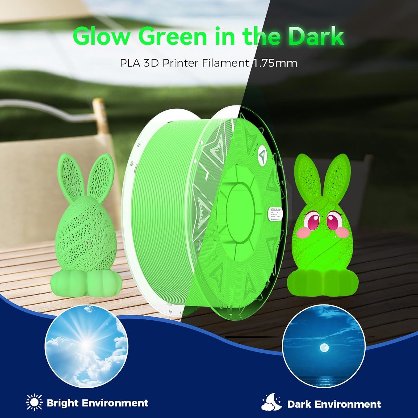 Creality Hyper Luminous PLA Filament 1.75mm 1KG, Glow in The Dark Filament for 3D Printers, Bright Long-Lasting Glow,
