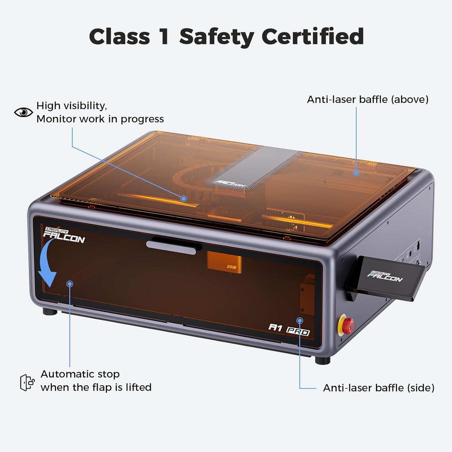 Creality Falcon A1 Pro 20W, Enclosed Engraver with Air Assist, HD Smart Camera for Auto Focus, APP Control, Convenient Touch Screen, Class 1 Safety Engraving Machine for Wood and Metal, Acrylic