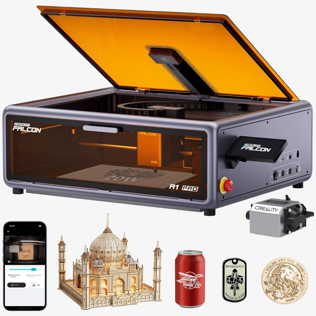 Creality Falcon A1 Pro 20W, Enclosed Engraver with Air Assist, HD Smart Camera for Auto Focus, APP Control, Convenient Touch Screen, Class 1 Safety Engraving Machine for Wood and Metal, Acrylic