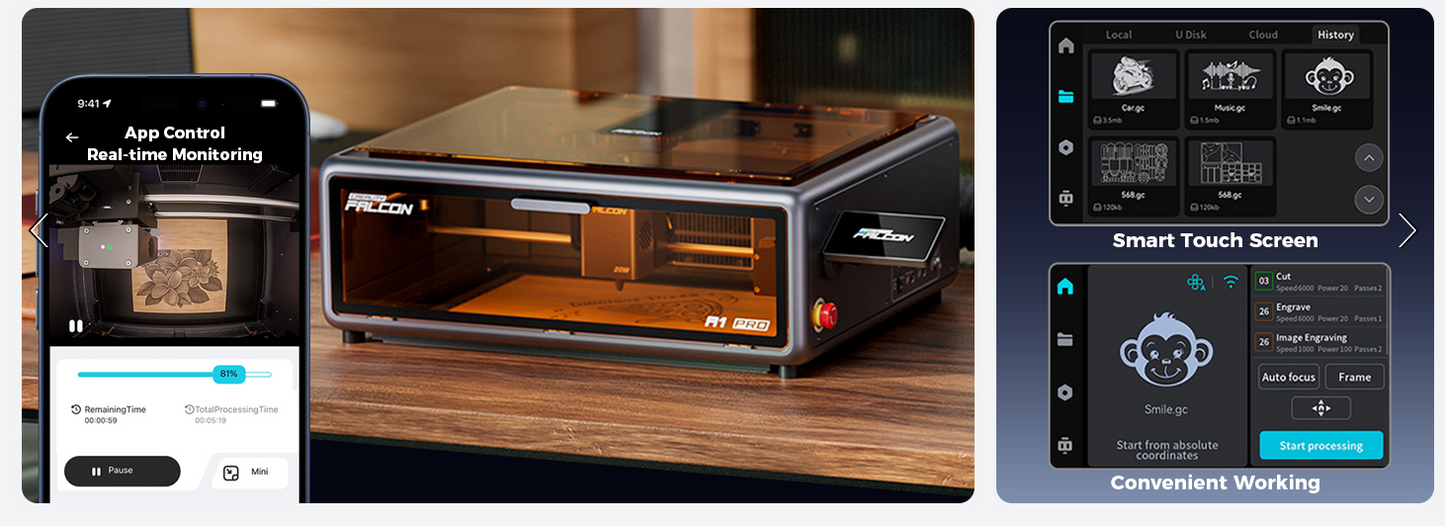 Creality Falcon A1 Pro 20W, Enclosed Engraver with Air Assist, HD Smart Camera for Auto Focus, APP Control, Convenient Touch Screen, Class 1 Safety Engraving Machine for Wood and Metal, Acrylic