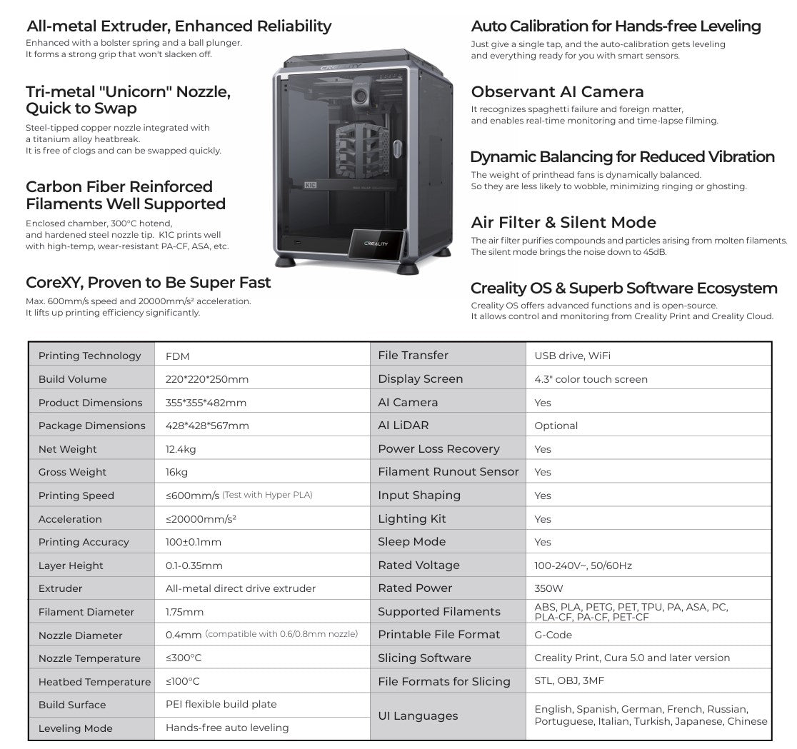 Creality K1C 3D Printer, 600mm/s High-Speed Singapore